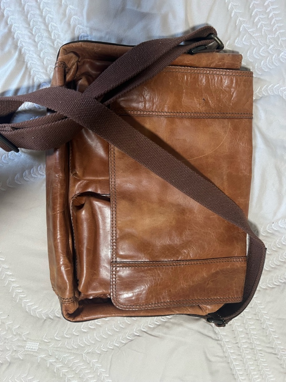 Fossil Cognac Brown Leather Messenger Bag with Dark Brown Strap